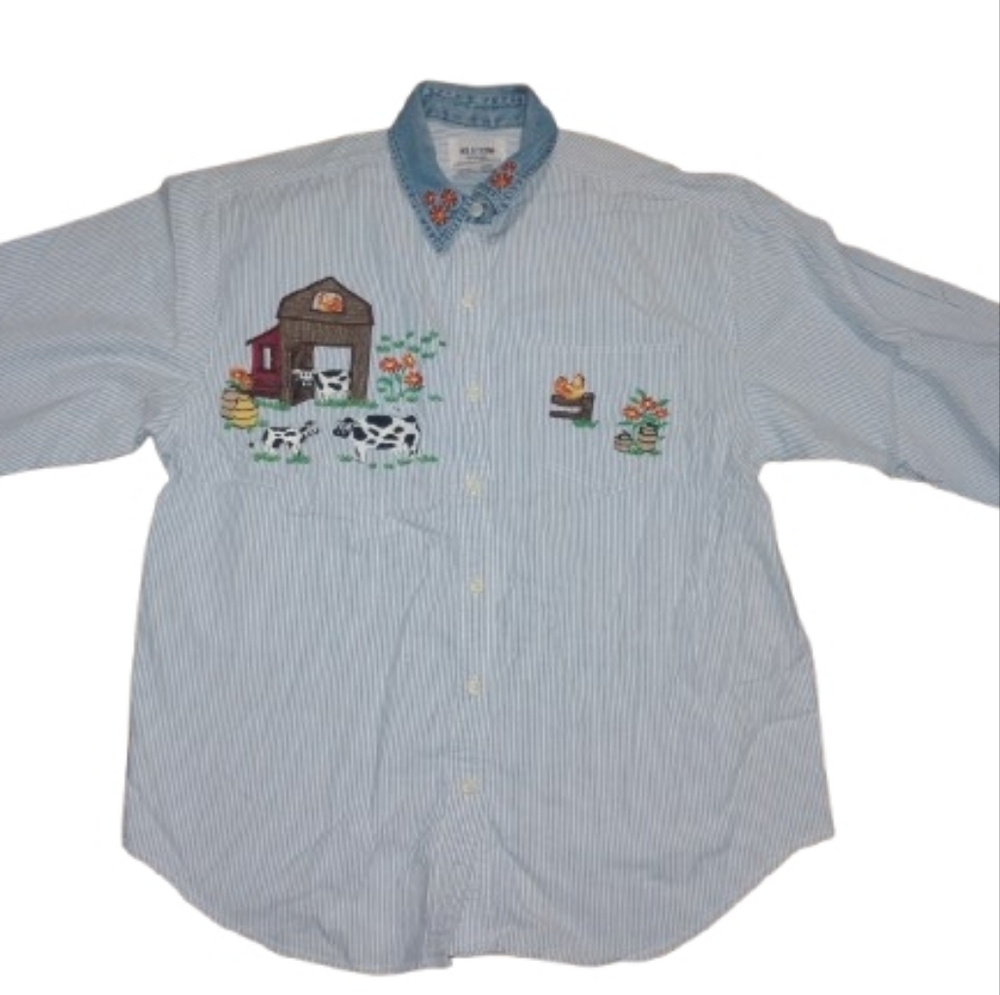Vintage 90s Solutions Original Embroidered Farm Animal Striped Cotton Shirt Med
